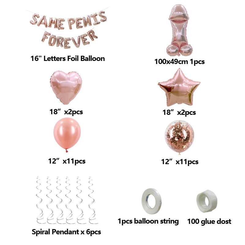 Decoraciones para despedida de soltera, juego de globos de aluminio con el mismo pene para siempre, accesorios para despedida de soltera, globos con confeti de oro rosa.
