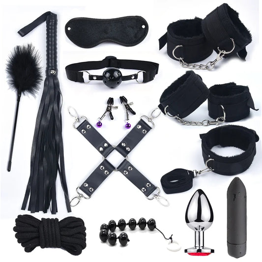Bdsm 10 Geschwindigkeiten Vibrator Bondage Set Metall Sexspielzeug für Frauen Männer Handschellen Sex Nippelklemmen Peitsche Spanking Seil