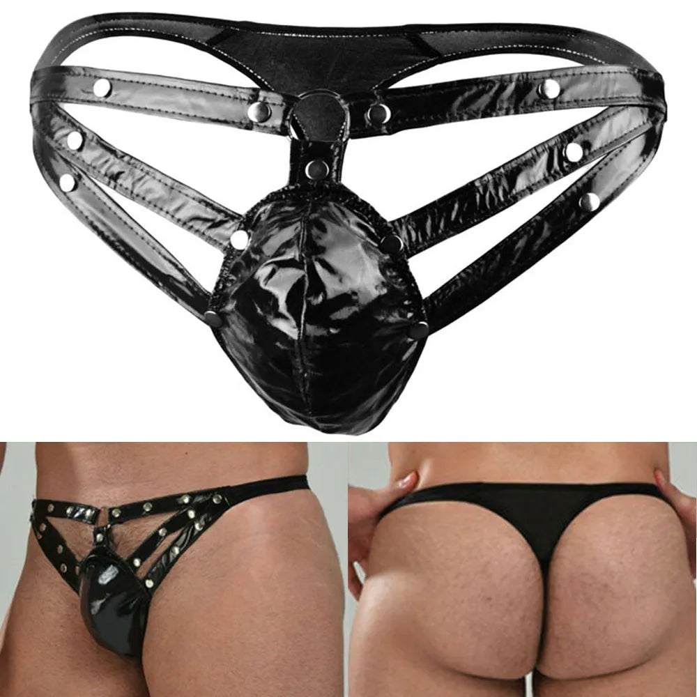 Lencería para hombre, ropa interior sexy, bragas de cuero de castidad sin entrepierna, arnés, calzoncillos, suspensorio ahuecado, tanga sexy