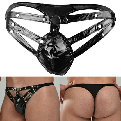 Lencería para hombre, ropa interior sexy, bragas de cuero de castidad sin entrepierna, arnés, calzoncillos, suspensorio ahuecado, tanga sexy