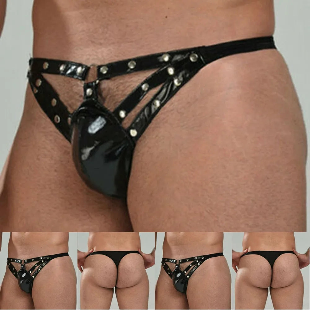Lencería para hombre, ropa interior sexy, bragas de cuero de castidad sin entrepierna, arnés, calzoncillos, suspensorio ahuecado, tanga sexy