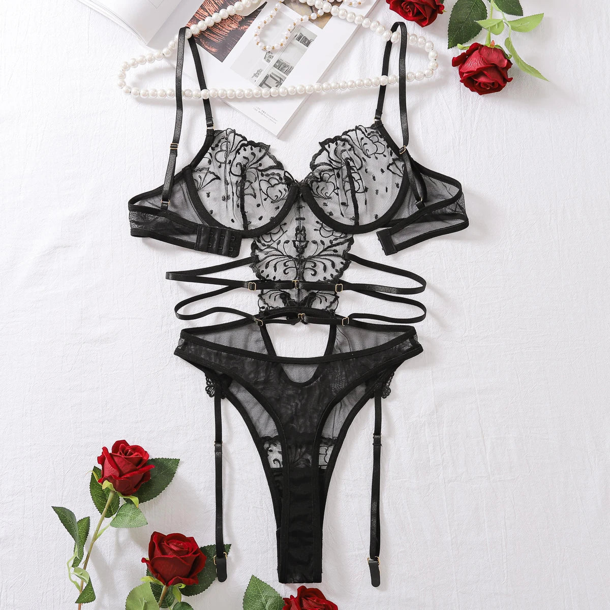 2024 Sexy Erotic Costume Lace Embroidery Hollow Out Backless Mesh See Through Erotic Female Teddy Bear Lingerie Bodysuit