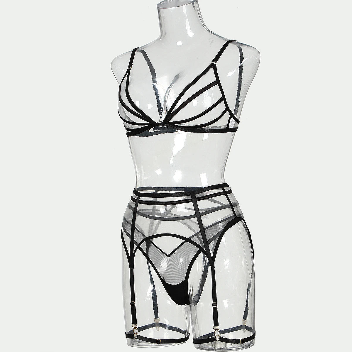2024 Summer New Triangle Cup Erotic Lingerie Sexy See-Through Mesh Splicing Four-Piece Set
