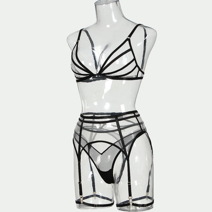 2024 Summer New Triangle Cup Erotic Lingerie Sexy See-Through Mesh Splicing Four-Piece Set