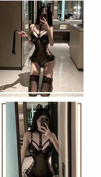 Body de látex BDSM, disfraz de reina, vestido fetiche sexy, malla transparente, conjunto de lencería erótica ajustada para mujer