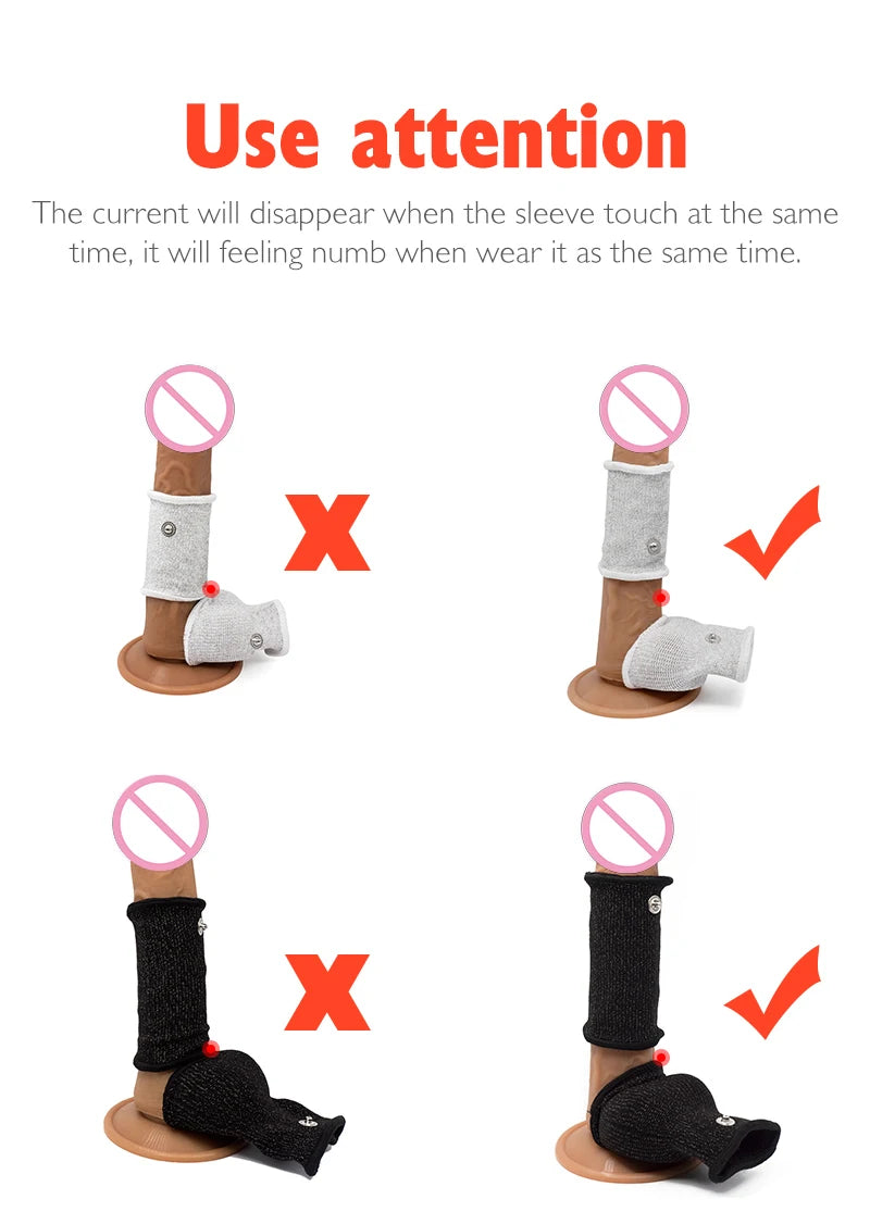 Funda de pene con fibra conductora para electrochoque BDSM, anillos para escroto, estimulación eléctrica, terapia de pene, productos sexuales masculinos para agrandar el pene.