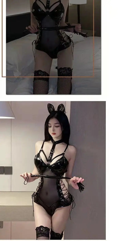 Body de látex BDSM, disfraz de reina, vestido fetiche sexy, malla transparente, conjunto de lencería erótica ajustada para mujer