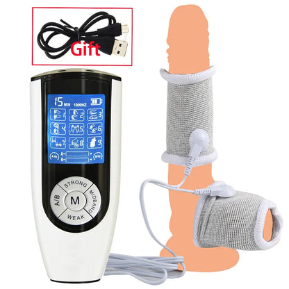 Funda de pene con fibra conductora para electrochoque BDSM, anillos para escroto, estimulación eléctrica, terapia de pene, productos sexuales masculinos para agrandar el pene.
