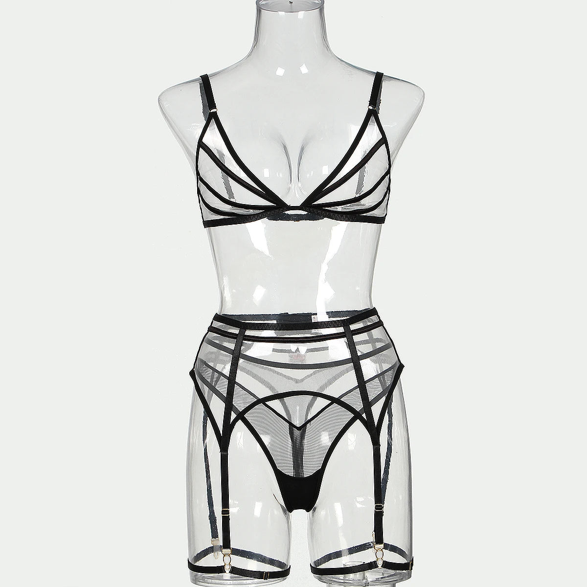 2024 Summer New Triangle Cup Erotic Lingerie Sexy See-Through Mesh Splicing Four-Piece Set