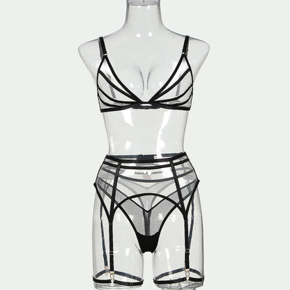 2024 Summer New Triangle Cup Erotic Lingerie Sexy See-Through Mesh Splicing Four-Piece Set