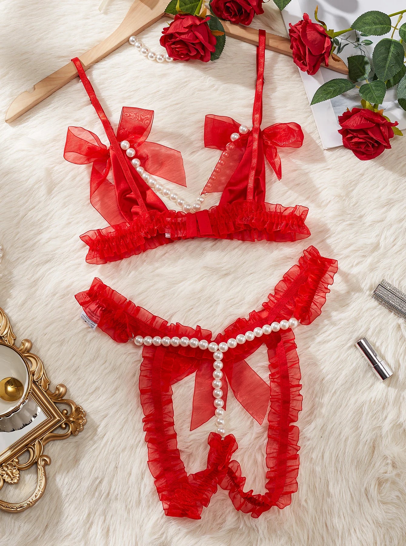 MUZISKAT Haute Sense 2024 Conjunto de lencería erótica con cadena de perlas y encaje de malla para mujer Onlyfans