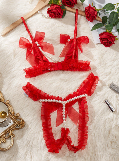 MUZISKAT Haute Sense 2024 Conjunto de lencería erótica con cadena de perlas y encaje de malla para mujer Onlyfans