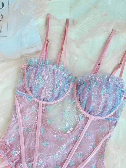 Ellolace Spitzenbodys Sexy Rüschen Elegante Damenbodys Ausgefallenes heißes Onlyfans-Kit Kinky Romantisches Rosa Durchsichtige sexy Oberteile