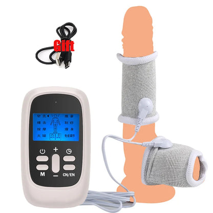 Funda de pene con fibra conductora para electrochoque BDSM, anillos para escroto, estimulación eléctrica, terapia de pene, productos sexuales masculinos para agrandar el pene.