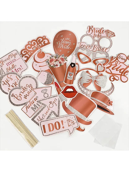 25pcs Bachelorette Party Rose Gold Photo Booth Props Set - Handheld Frame, Perfect for Bridal Showers & Wedding Celebrations