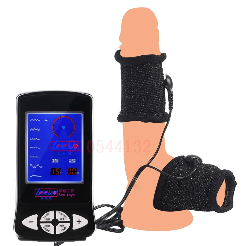 Funda de pene con fibra conductora para electrochoque BDSM, anillos para escroto, estimulación eléctrica, terapia de pene, productos sexuales masculinos para agrandar el pene.