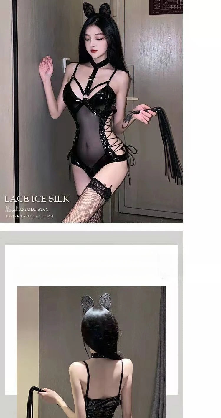 Body de látex BDSM, disfraz de reina, vestido fetiche sexy, malla transparente, conjunto de lencería erótica ajustada para mujer