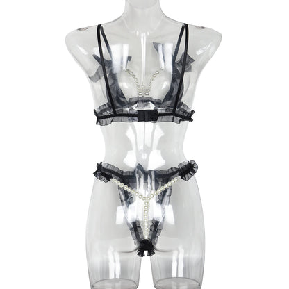 MUZISKAT Haute Sense 2024 Conjunto de lencería erótica con cadena de perlas y encaje de malla para mujer Onlyfans