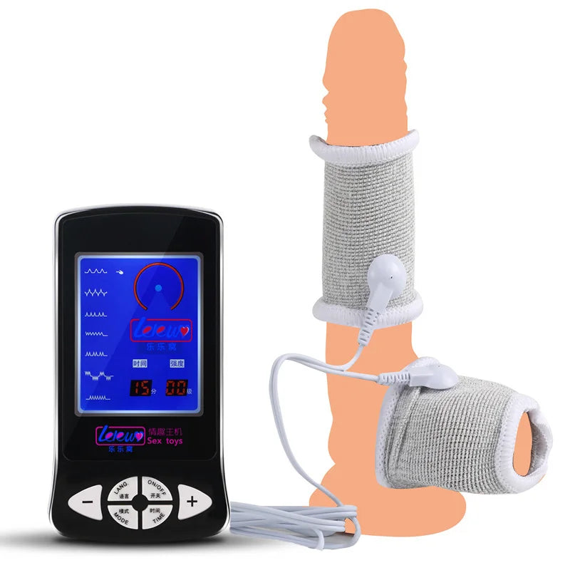 Funda de pene con fibra conductora para electrochoque BDSM, anillos para escroto, estimulación eléctrica, terapia de pene, productos sexuales masculinos para agrandar el pene.