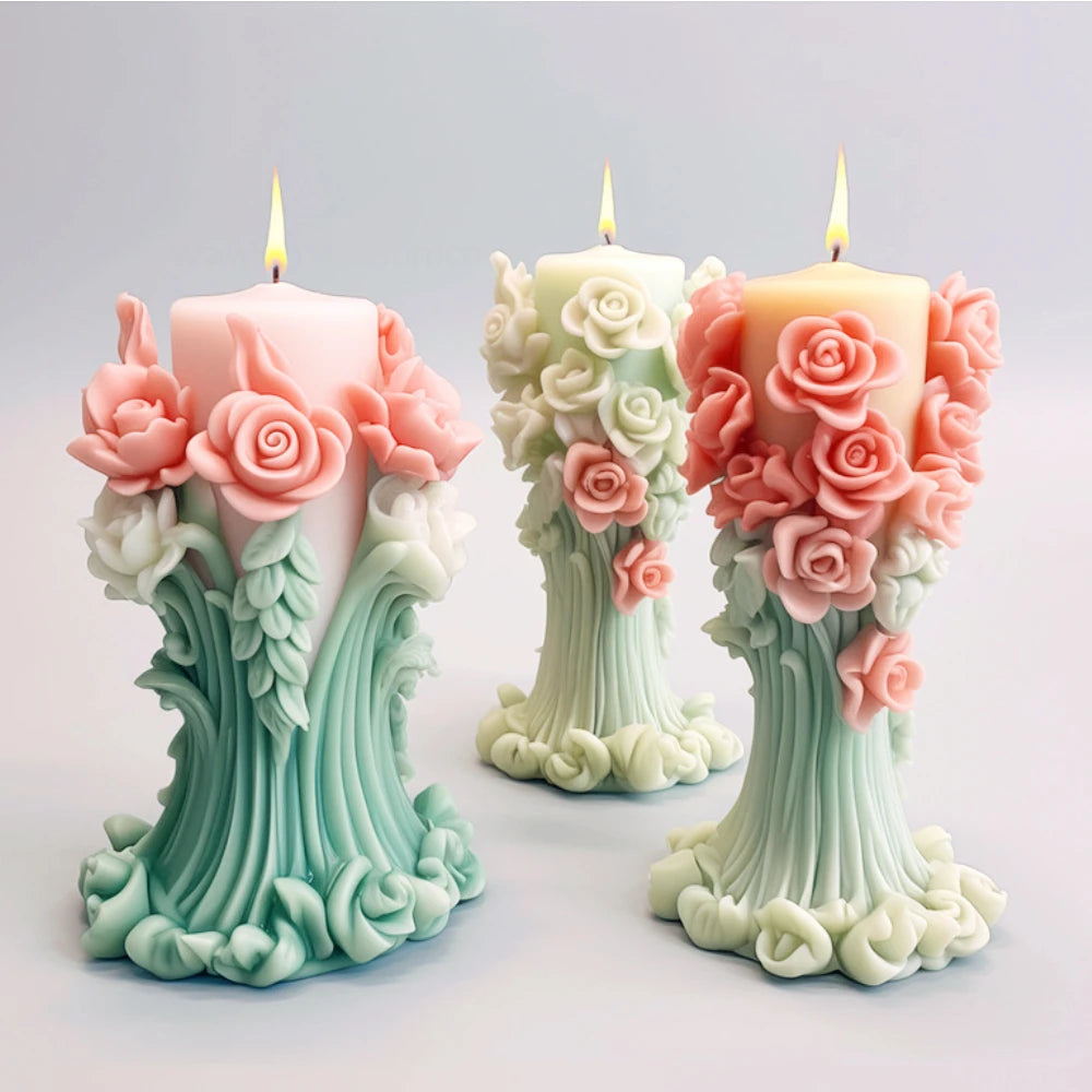 Molde de silicona para jabón de peonía de ratán con forma de columna de flores de rosas románticas para decoración de cenas a la luz de las velas de chocolate para San Valentín