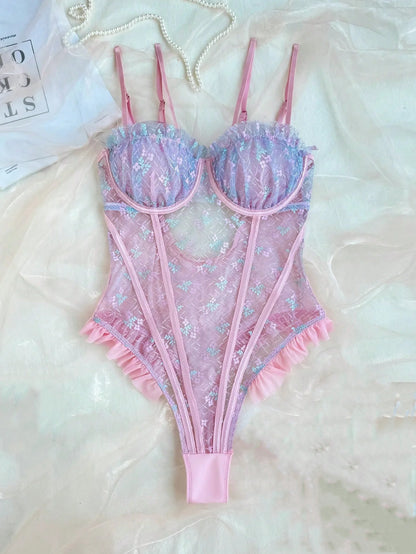 Ellolace Spitzenbodys Sexy Rüschen Elegante Damenbodys Ausgefallenes heißes Onlyfans-Kit Kinky Romantisches Rosa Durchsichtige sexy Oberteile