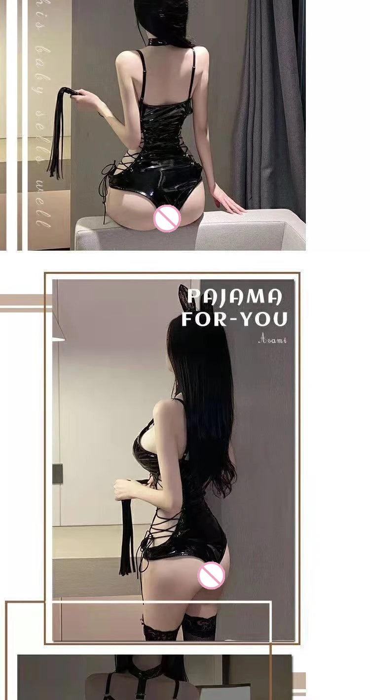 Body de látex BDSM, disfraz de reina, vestido fetiche sexy, malla transparente, conjunto de lencería erótica ajustada para mujer