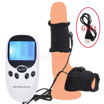 Funda de pene con fibra conductora para electrochoque BDSM, anillos para escroto, estimulación eléctrica, terapia de pene, productos sexuales masculinos para agrandar el pene.
