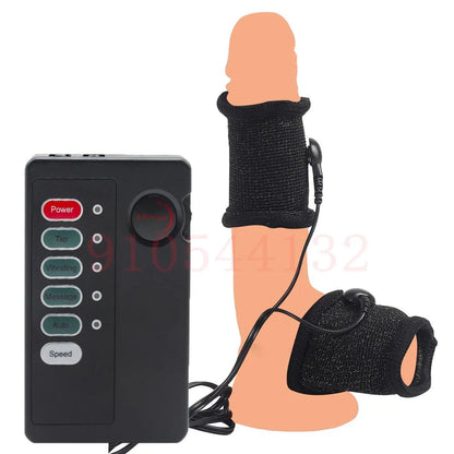 Funda de pene con fibra conductora para electrochoque BDSM, anillos para escroto, estimulación eléctrica, terapia de pene, productos sexuales masculinos para agrandar el pene.
