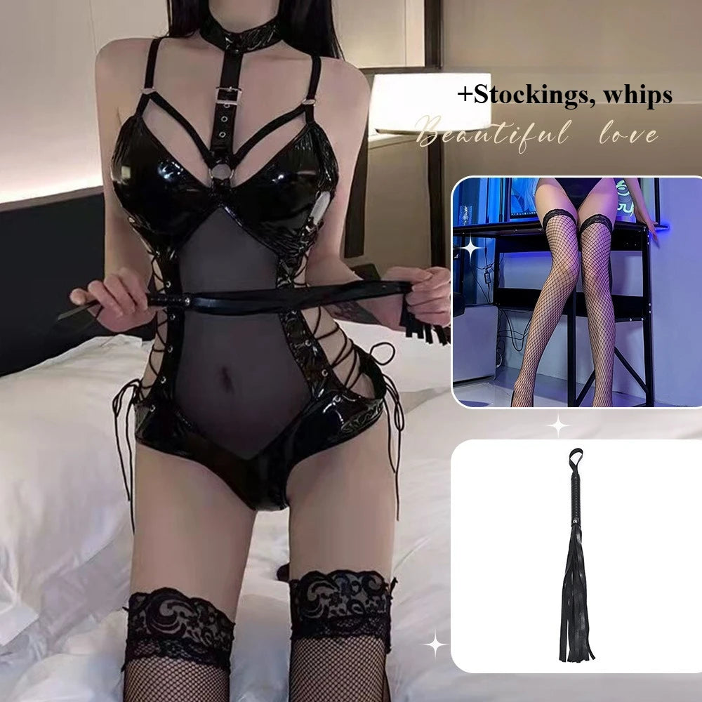 Body de látex BDSM, disfraz de reina, vestido fetiche sexy, malla transparente, conjunto de lencería erótica ajustada para mujer