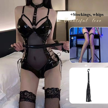 Body de látex BDSM, disfraz de reina, vestido fetiche sexy, malla transparente, conjunto de lencería erótica ajustada para mujer