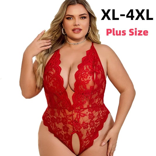 Lencería sexy de verano para mujer, tallas grandes, talla XL-4XL, sin entrepierna, con encaje, atractiva, fetiche erótico, vestido de noche transparente.