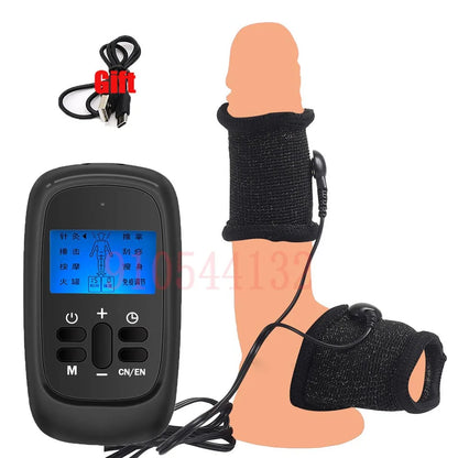 Funda de pene con fibra conductora para electrochoque BDSM, anillos para escroto, estimulación eléctrica, terapia de pene, productos sexuales masculinos para agrandar el pene.