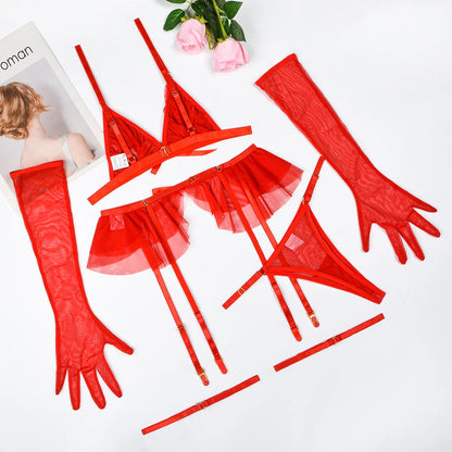 MUZISKAT New 2024 Fashion Durchsichtiges Mesh Fünfteiliges Sexy Skelett Erotische Dessous Set Onlyfan