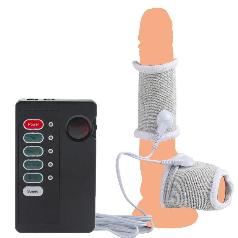 Funda de pene con fibra conductora para electrochoque BDSM, anillos para escroto, estimulación eléctrica, terapia de pene, productos sexuales masculinos para agrandar el pene.