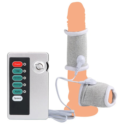 Funda de pene con fibra conductora para electrochoque BDSM, anillos para escroto, estimulación eléctrica, terapia de pene, productos sexuales masculinos para agrandar el pene.