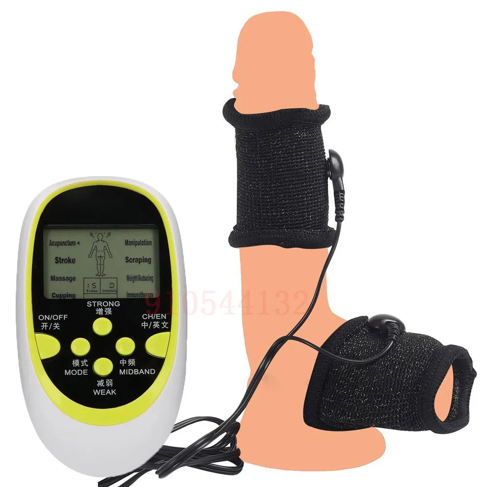 Funda de pene con fibra conductora para electrochoque BDSM, anillos para escroto, estimulación eléctrica, terapia de pene, productos sexuales masculinos para agrandar el pene.