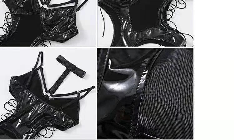 Body de látex BDSM, disfraz de reina, vestido fetiche sexy, malla transparente, conjunto de lencería erótica ajustada para mujer