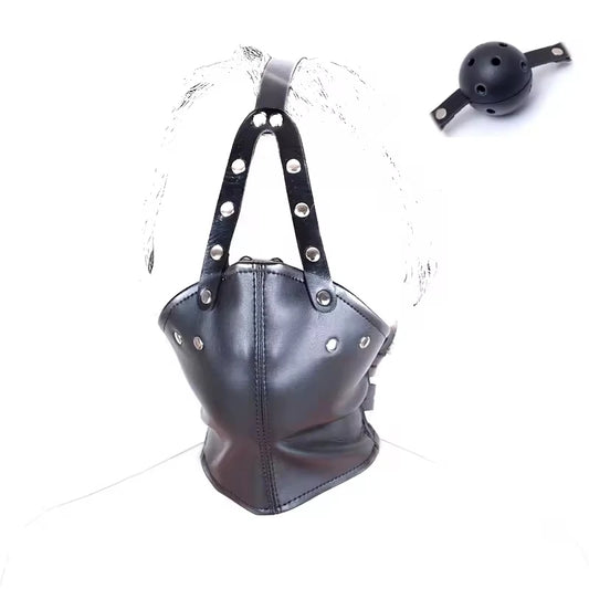SM Leather Hood Mask BDSM Bondage Harness Gag Muzzle Mask With Ball Mouth Gag Fetish Erotic Slave Restraint Sex Toys For Couples