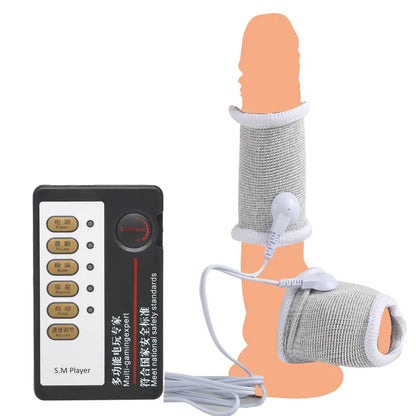 Funda de pene con fibra conductora para electrochoque BDSM, anillos para escroto, estimulación eléctrica, terapia de pene, productos sexuales masculinos para agrandar el pene.