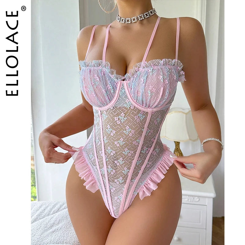Ellolace Spitzenbodys Sexy Rüschen Elegante Damenbodys Ausgefallenes heißes Onlyfans-Kit Kinky Romantisches Rosa Durchsichtige sexy Oberteile