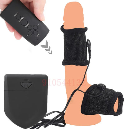Funda de pene con fibra conductora para electrochoque BDSM, anillos para escroto, estimulación eléctrica, terapia de pene, productos sexuales masculinos para agrandar el pene.