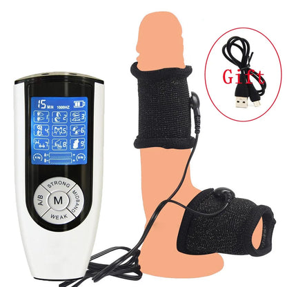 Funda de pene con fibra conductora para electrochoque BDSM, anillos para escroto, estimulación eléctrica, terapia de pene, productos sexuales masculinos para agrandar el pene.