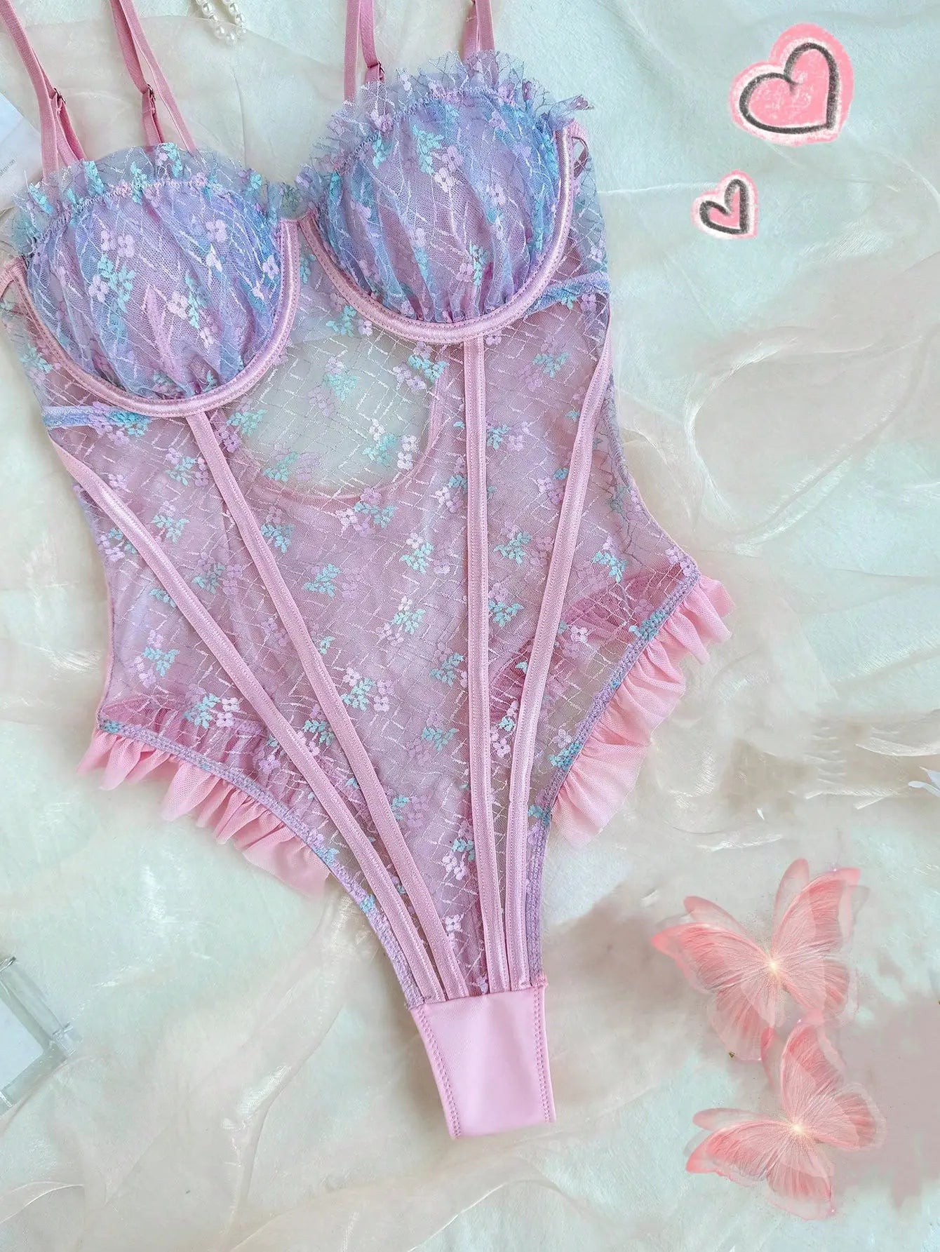 Ellolace Spitzenbodys Sexy Rüschen Elegante Damenbodys Ausgefallenes heißes Onlyfans-Kit Kinky Romantisches Rosa Durchsichtige sexy Oberteile