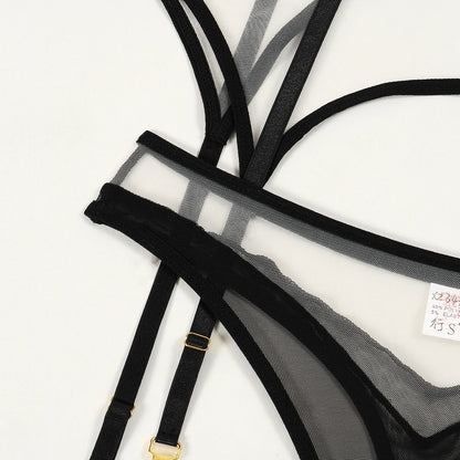 2024 Summer New Triangle Cup Erotic Lingerie Sexy See-Through Mesh Splicing Four-Piece Set