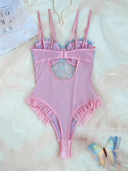 Ellolace Spitzenbodys Sexy Rüschen Elegante Damenbodys Ausgefallenes heißes Onlyfans-Kit Kinky Romantisches Rosa Durchsichtige sexy Oberteile