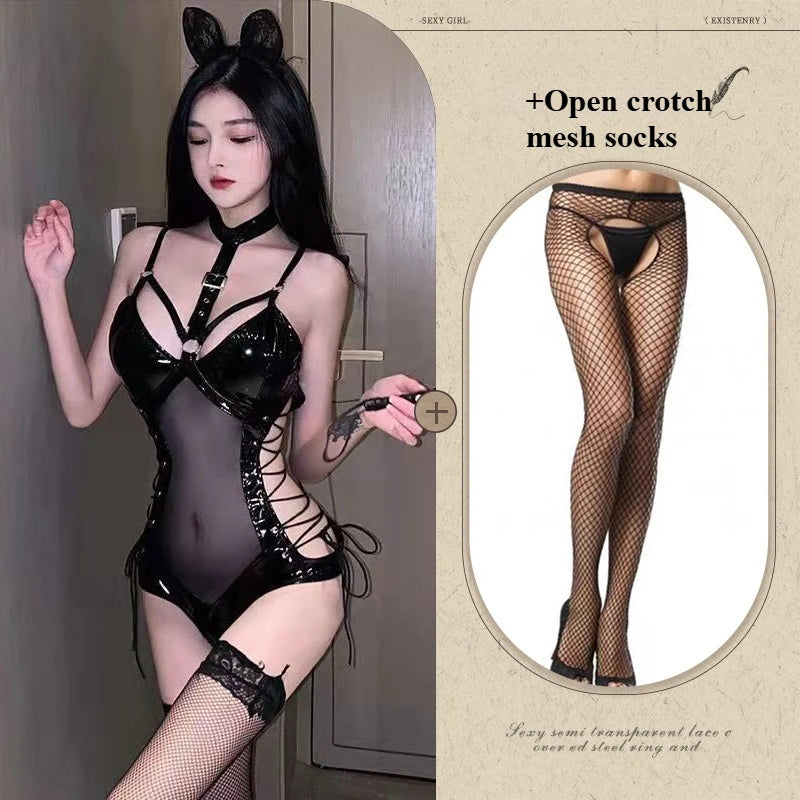 Body de látex BDSM, disfraz de reina, vestido fetiche sexy, malla transparente, conjunto de lencería erótica ajustada para mujer