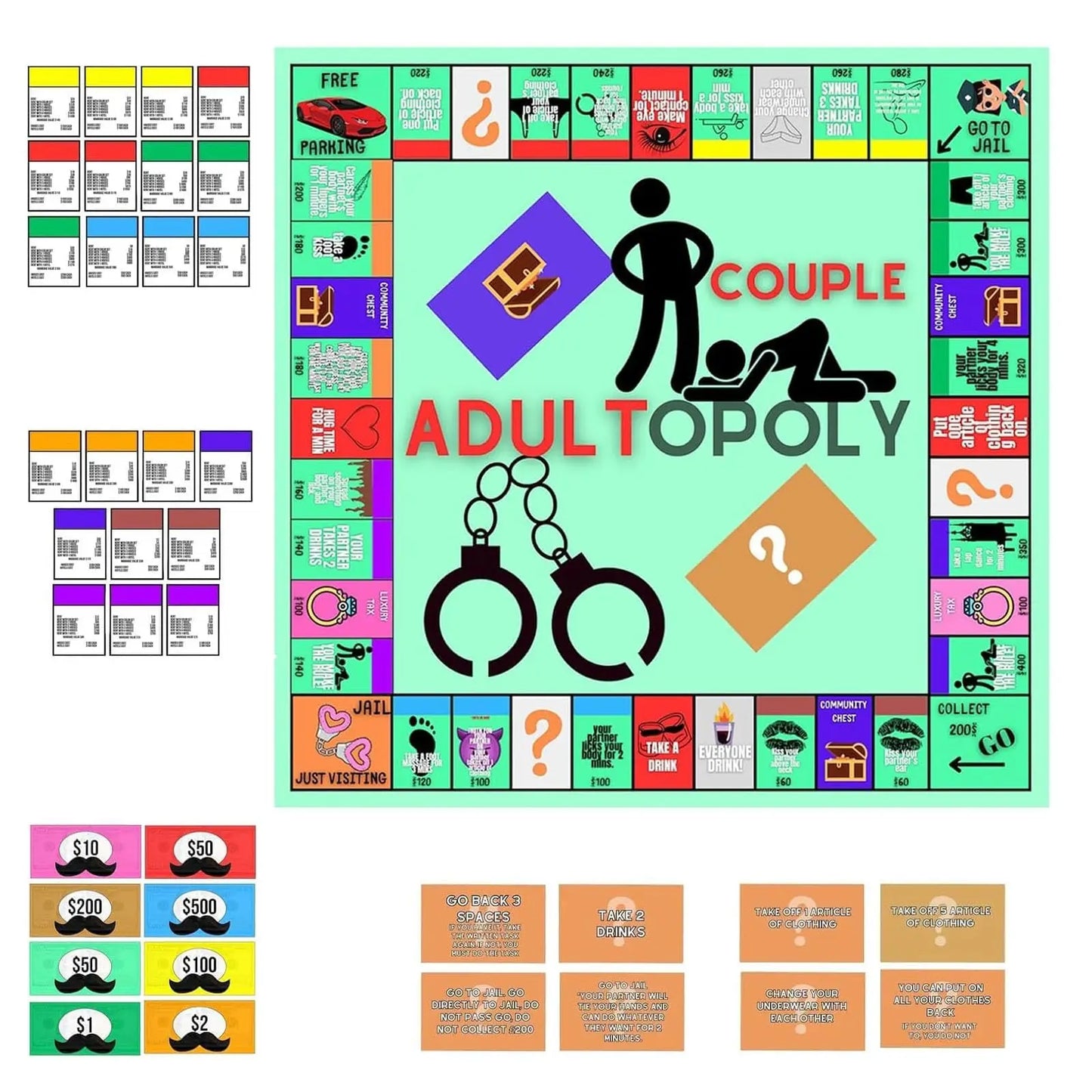 Adultopoly-Brettspiel für Paare, für Sexspielzeug, Date Night, Paarspiel, Kartenbrettspiel, Requisiten für 1 Set, Sexspielbrett für Erwachsene