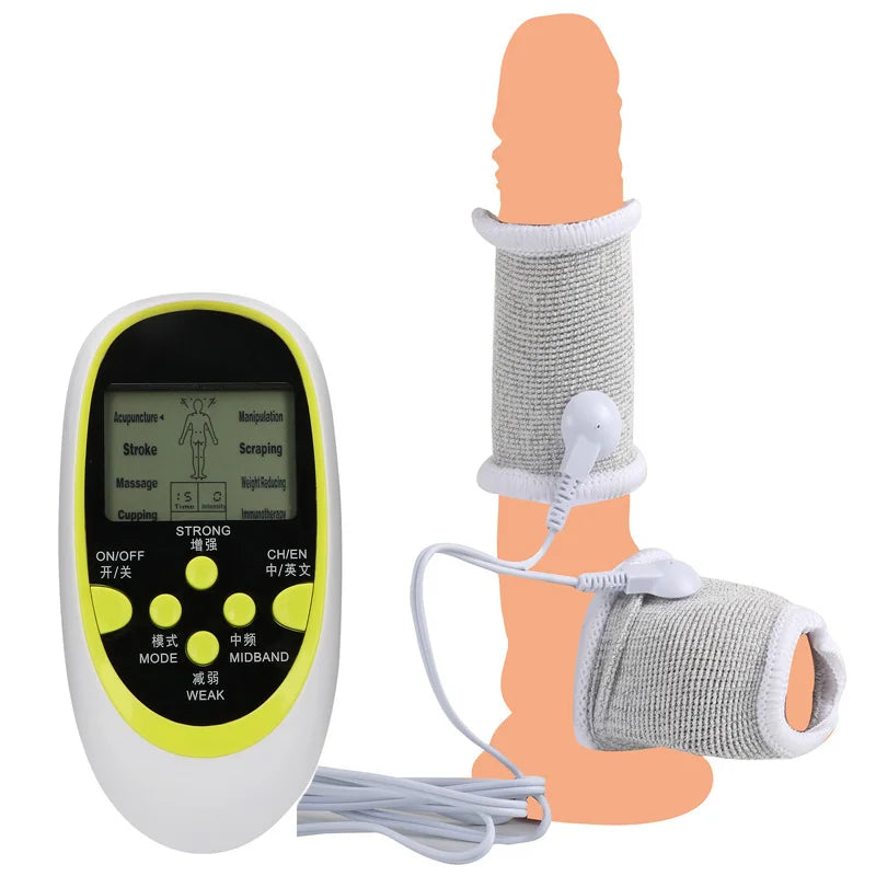 Funda de pene con fibra conductora para electrochoque BDSM, anillos para escroto, estimulación eléctrica, terapia de pene, productos sexuales masculinos para agrandar el pene.