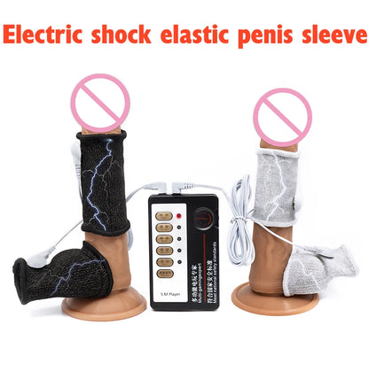 Funda de pene con fibra conductora para electrochoque BDSM, anillos para escroto, estimulación eléctrica, terapia de pene, productos sexuales masculinos para agrandar el pene.
