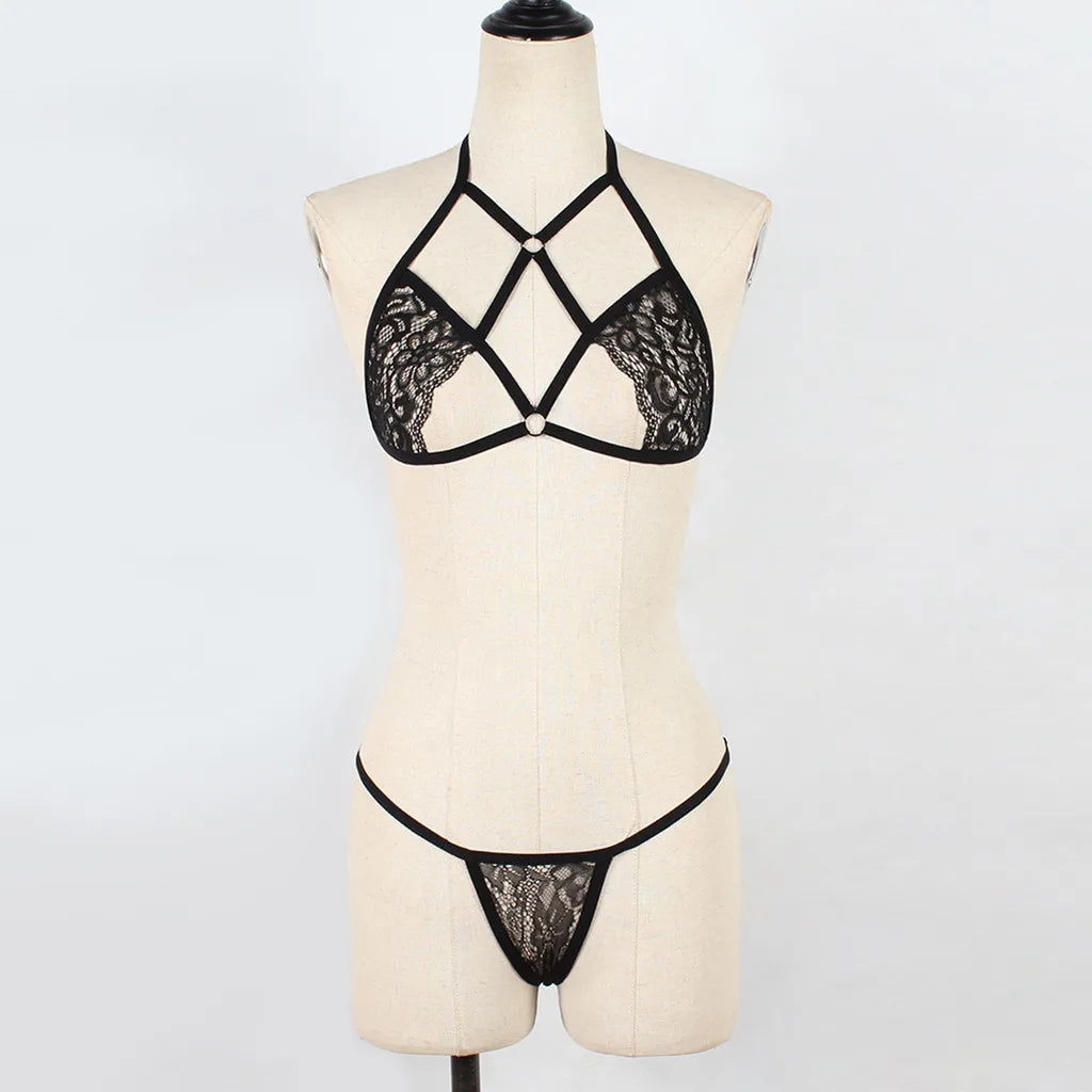 Sexy Bandage Lingerie Set For Women Lace Corsets Women Perspective Porn Bra And Thong Set Ultra Thin Sexy Lingerie LenceríA
